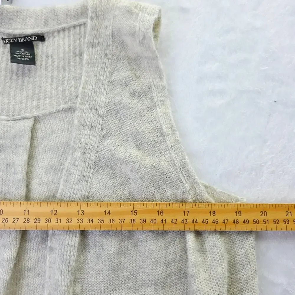 Lucky Brand Sweater Vest Small Gray Wool Blend Open Front Long Pockets Boho Chic